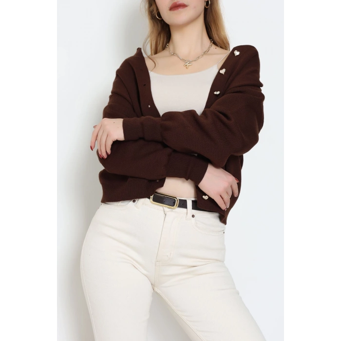 Kalp Düğmeli Balon Kol Hırka Kahve - 3256.1577.