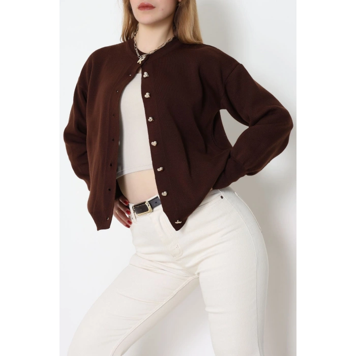 Kalp Düğmeli Balon Kol Hırka Kahve - 3256.1577.