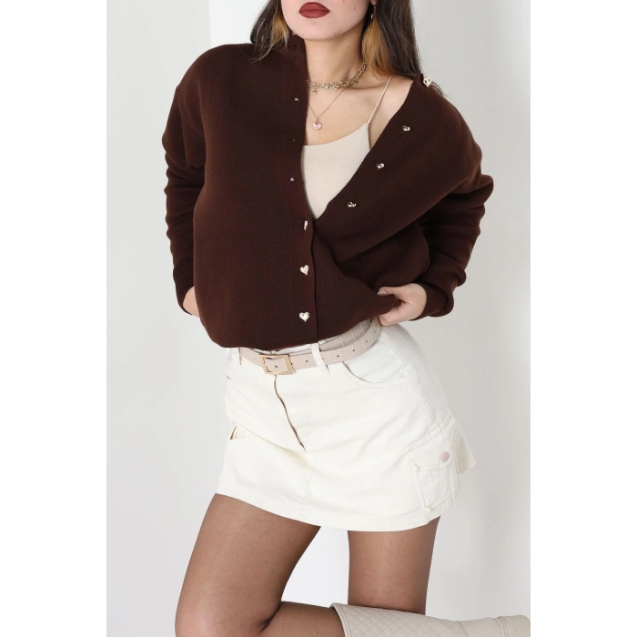 Kalp Düğmeli Triko Hırka Kahve - 3180.1577.