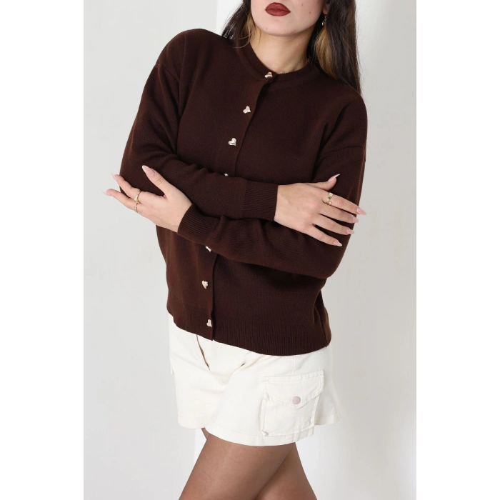 Kalp Düğmeli Triko Hırka Kahve - 3180.1577.