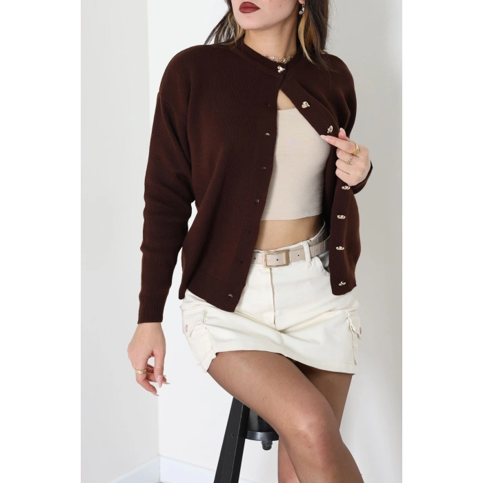 Kalp Düğmeli Triko Hırka Kahve - 3180.1577.