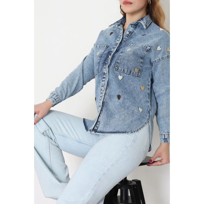 Kalp Nakışlı Kot Ceket Mavi - 31784.683.