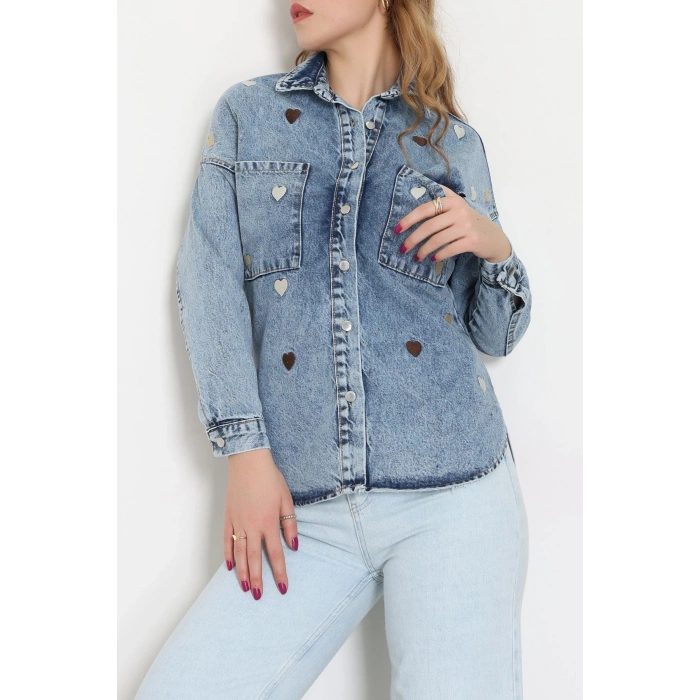 Kalp Nakışlı Kot Ceket Mavi - 31784.683.