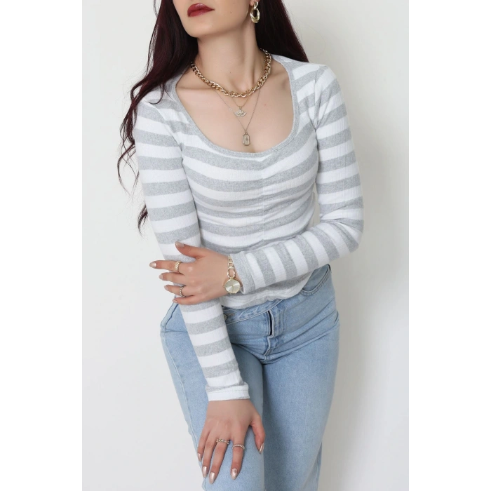 Kalp Yaka Büzgülü Kaşkorse Bluz Gribeyaz - 51092.1567.