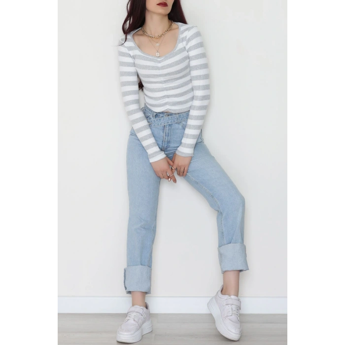 Kalp Yaka Büzgülü Kaşkorse Bluz Gribeyaz - 51092.1567.