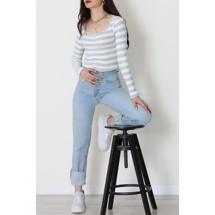 Kalp Yaka Büzgülü Kaşkorse Bluz Gribeyaz - 51092.1567.