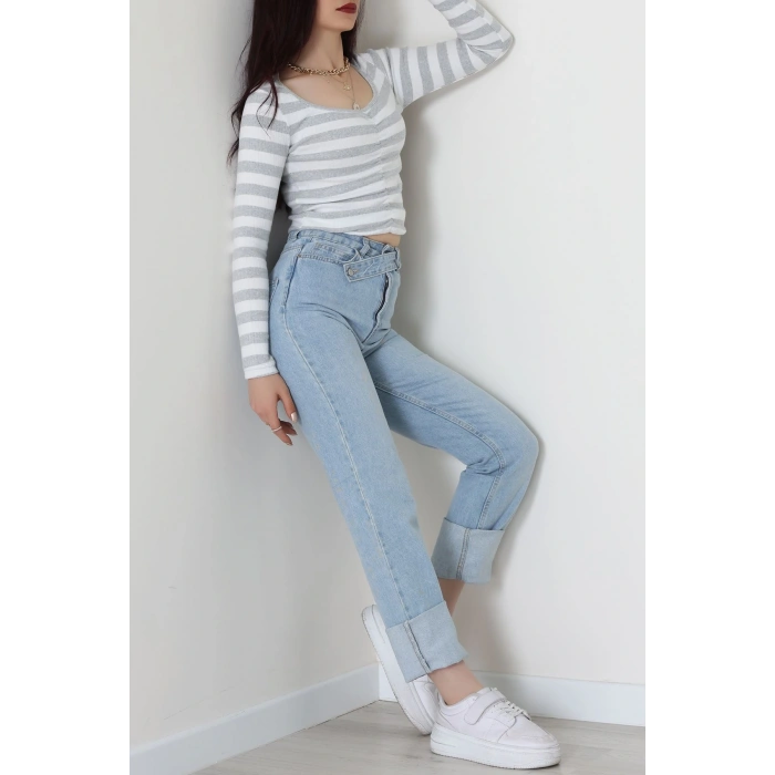 Kalp Yaka Büzgülü Kaşkorse Bluz Gribeyaz - 51092.1567.