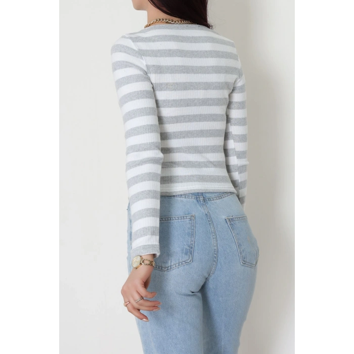 Kalp Yaka Büzgülü Kaşkorse Bluz Gribeyaz - 51092.1567.