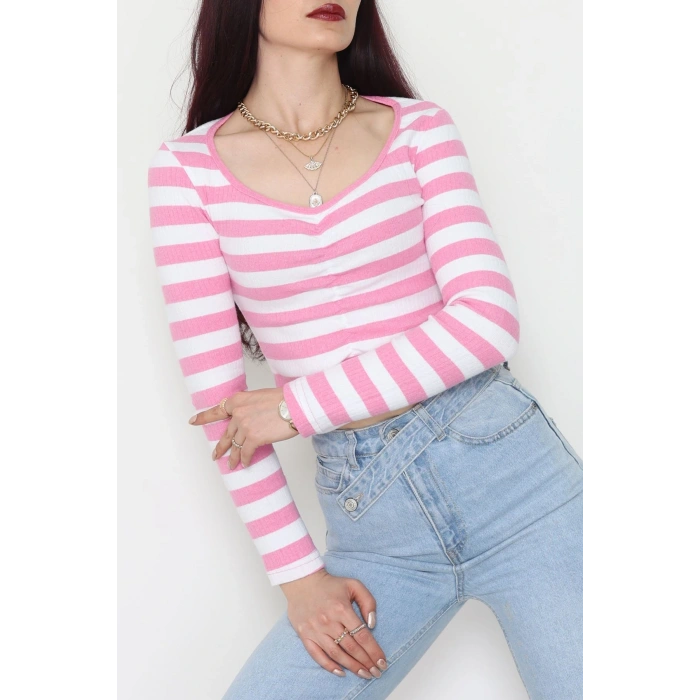 Kalp Yaka Büzgülü Kaşkorse Bluz Pembebeyaz - 51092.1567.