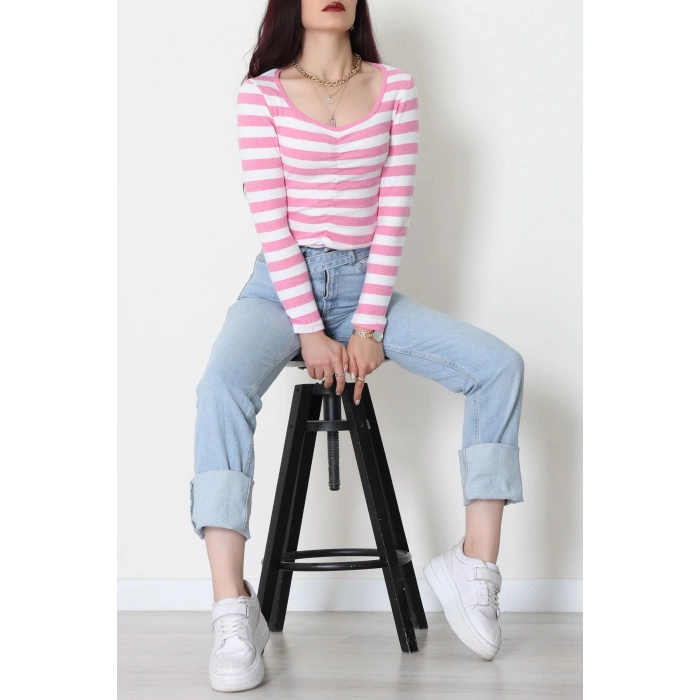 Kalp Yaka Büzgülü Kaşkorse Bluz Pembebeyaz - 51092.1567.