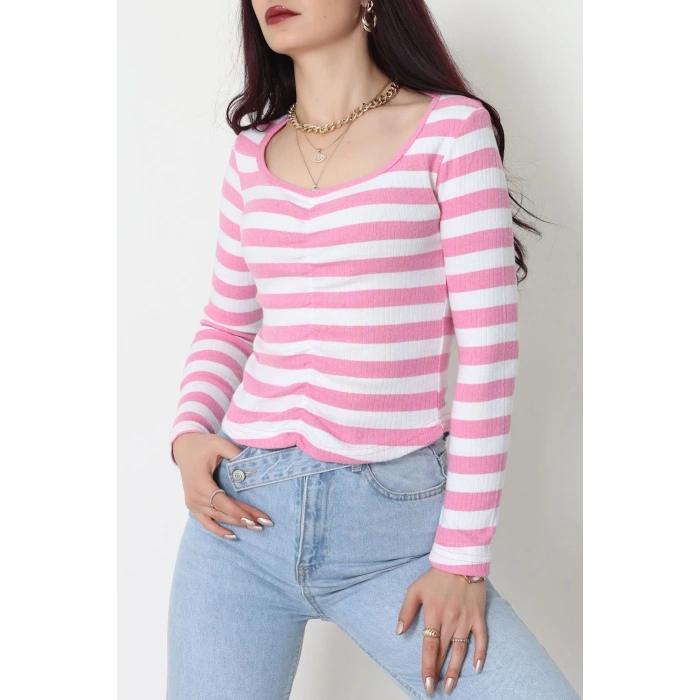 Kalp Yaka Büzgülü Kaşkorse Bluz Pembebeyaz - 51092.1567.