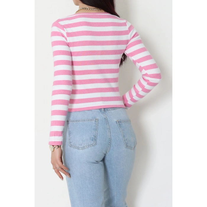 Kalp Yaka Büzgülü Kaşkorse Bluz Pembebeyaz - 51092.1567.