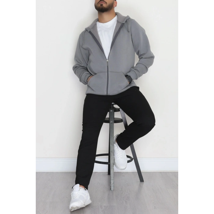 Kapşonlu Fermuarlı 3 İplik Erkek Sweat Antrasit - 42575.1878.