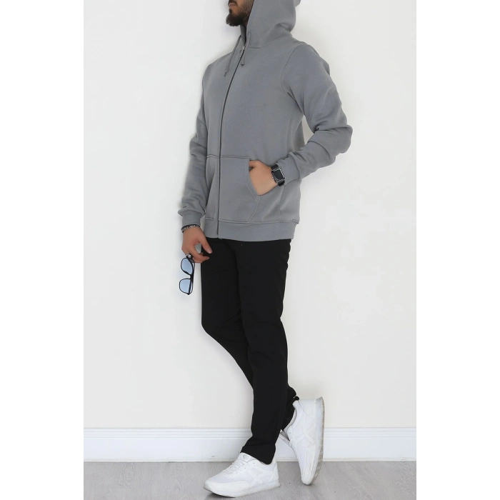 Kapşonlu Fermuarlı 3 İplik Erkek Sweat Antrasit - 42575.1878.