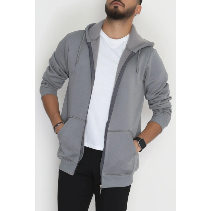 Kapşonlu Fermuarlı 3 İplik Erkek Sweat Antrasit - 42575.1878.