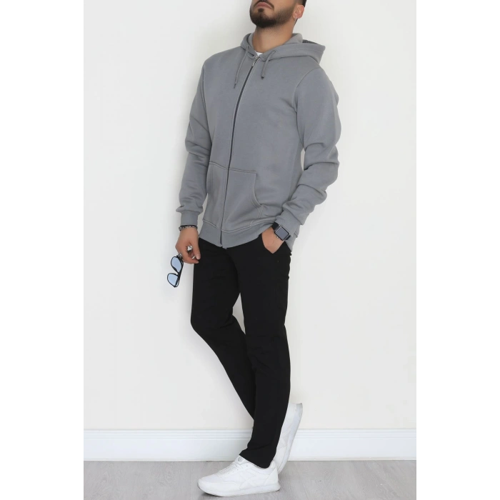 Kapşonlu Fermuarlı 3 İplik Erkek Sweat Antrasit - 42575.1878.