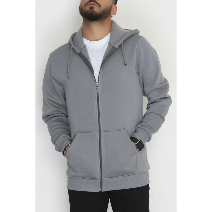 Kapşonlu Fermuarlı 3 İplik Erkek Sweat Antrasit - 42575.1878.