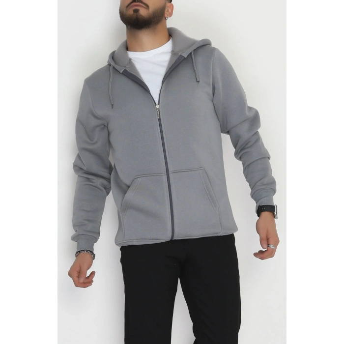 Kapşonlu Fermuarlı 3 İplik Erkek Sweat Antrasit - 42575.1878.