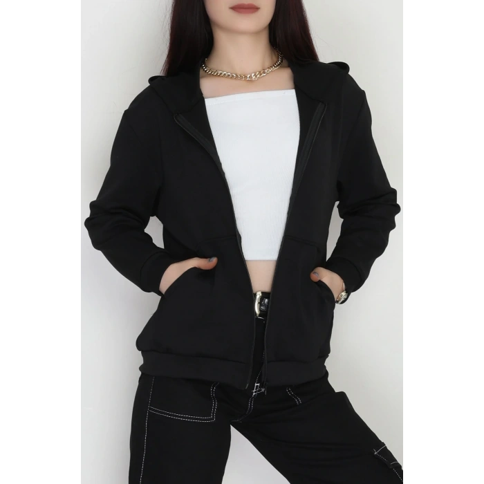 Kapşonlu Fermuarlı Modal Sweat Siyah - 90977.1837.