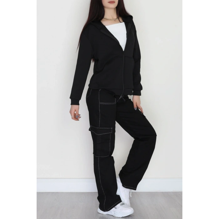Kapşonlu Fermuarlı Modal Sweat Siyah - 90977.1837.