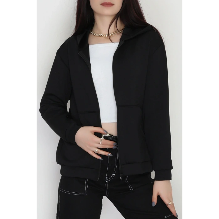 Kapşonlu Fermuarlı Modal Sweat Siyah - 90977.1837.