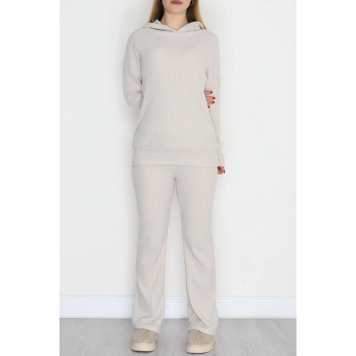 Kapşonlu İnterlok Kumaş İkili Takım Bej - 42636.1567.