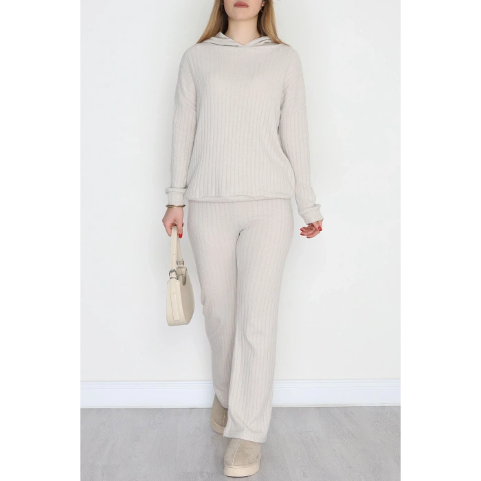 Kapşonlu İnterlok Kumaş İkili Takım Bej - 42636.1567.