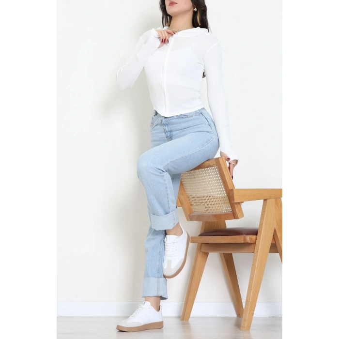 Kapşonlu Parmak Geçmeli Body Beyaz - 70769.1567.