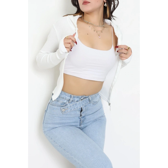 Kapşonlu Parmak Geçmeli Body Beyaz - 70769.1567.