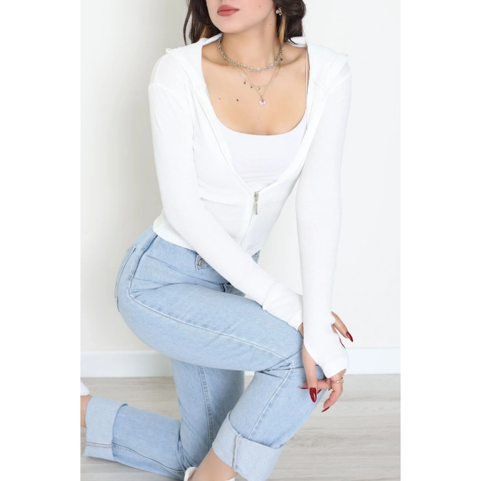 Kapşonlu Parmak Geçmeli Body Beyaz - 70769.1567.