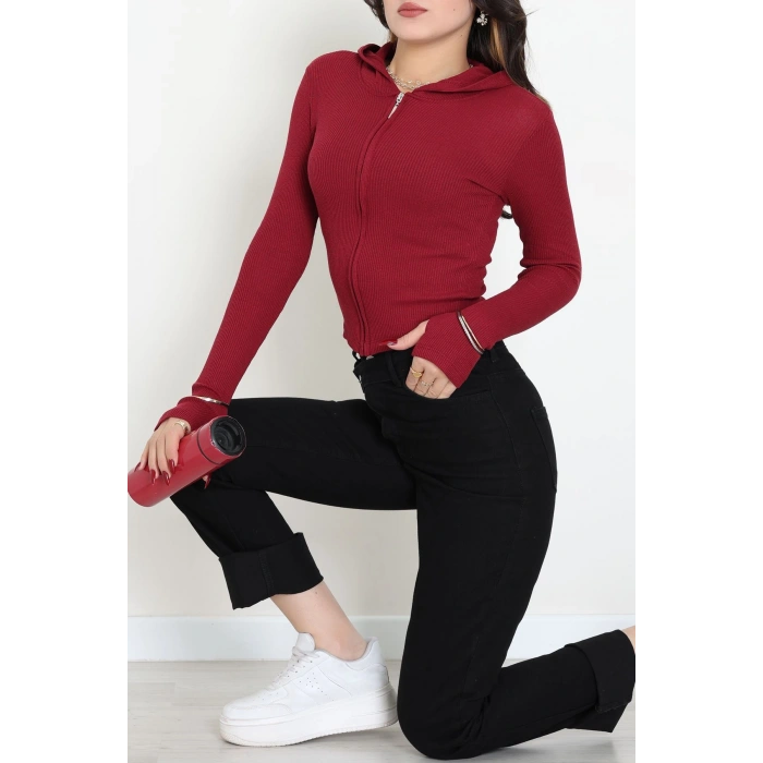 Kapşonlu Parmak Geçmeli Body Bordo - 70769.1567.