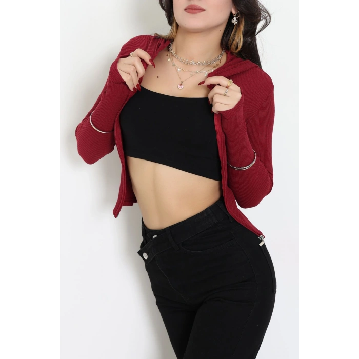 Kapşonlu Parmak Geçmeli Body Bordo - 70769.1567.