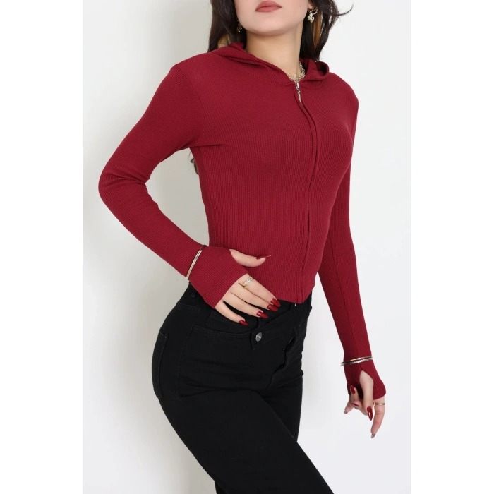 Kapşonlu Parmak Geçmeli Body Bordo - 70769.1567.