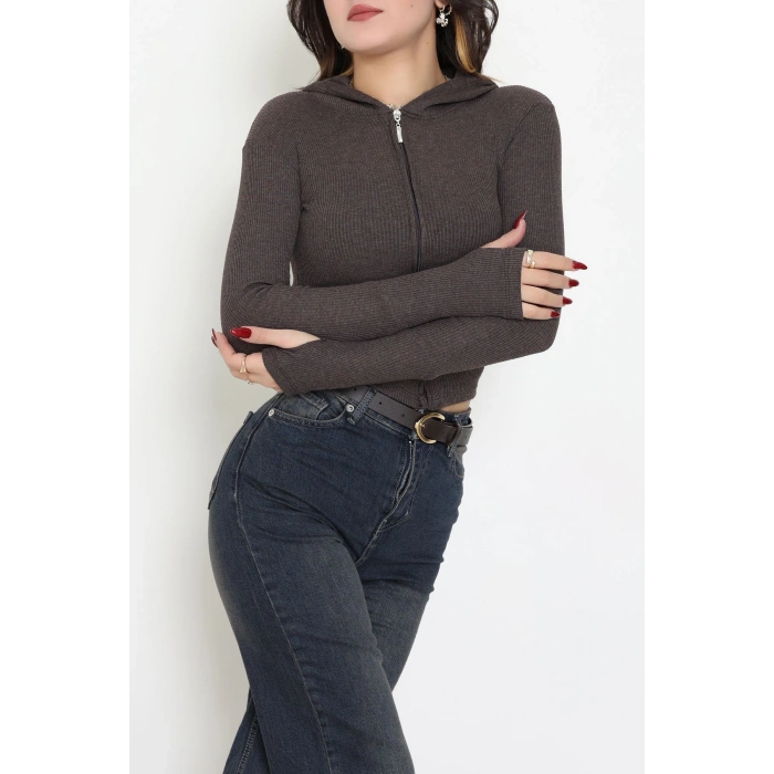 Kapşonlu Parmak Geçmeli Kaşkorse Ceket Kahve - 70769.1567.