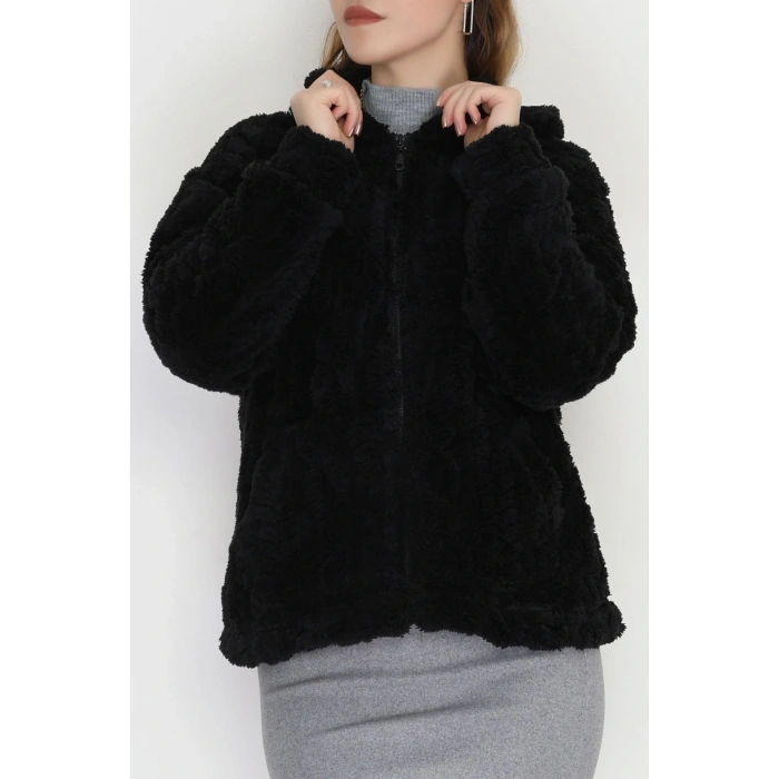 Kapşonlu Peluş Ceket Siyah - 4116.1247.