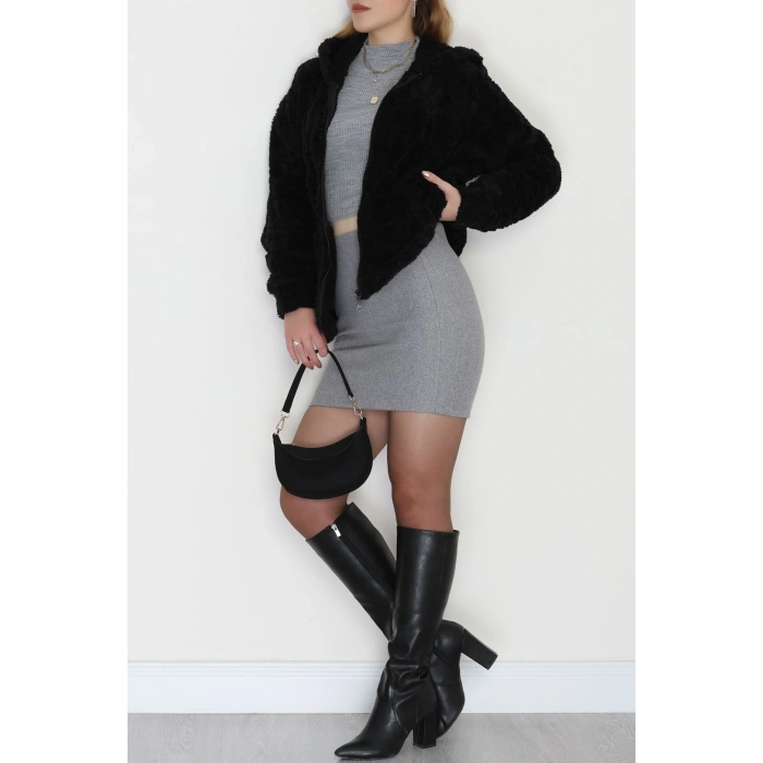 Kapşonlu Peluş Ceket Siyah - 4116.1247.