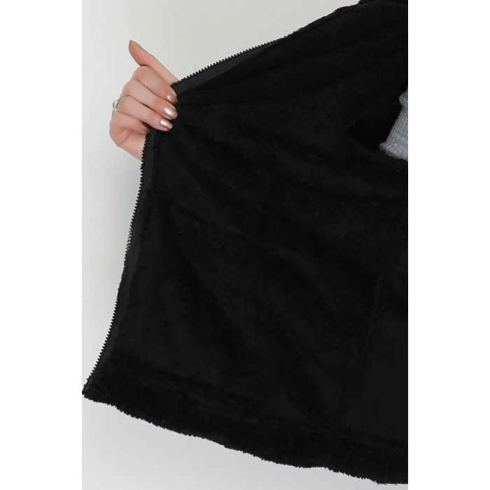 Kapşonlu Peluş Ceket Siyah - 4116.1247.