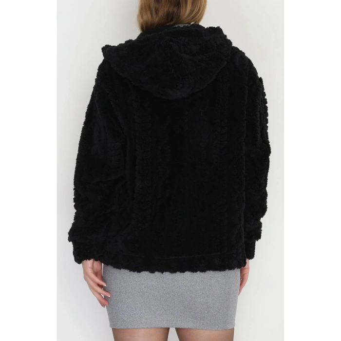 Kapşonlu Peluş Ceket Siyah - 4116.1247.