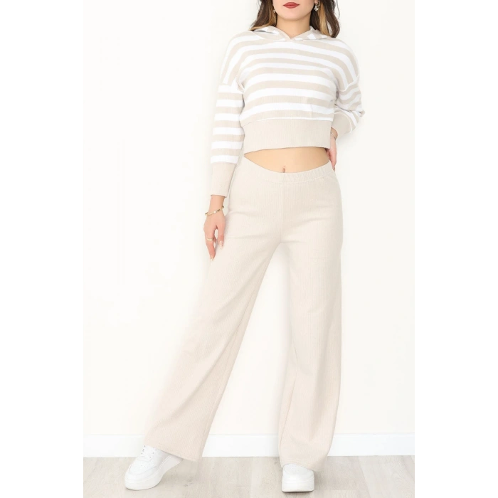 Kapşonlu Raporlu İnterlok İkili Takım Bejbeyaz - 42742.1567.