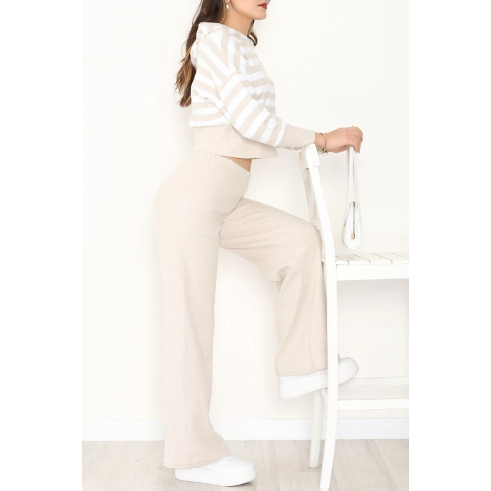 Kapşonlu Raporlu İnterlok İkili Takım Bejbeyaz - 42742.1567.