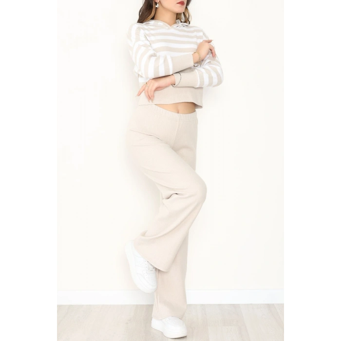 Kapşonlu Raporlu İnterlok İkili Takım Bejbeyaz - 42742.1567.