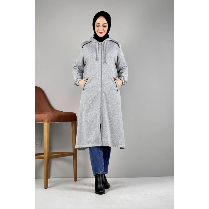Kapşonlu Tesettür Kap Gri