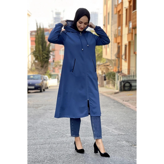 Kapşonlu Tesettür Kap İndigo