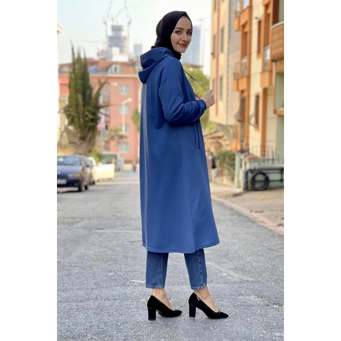 Kapşonlu Tesettür Kap İndigo
