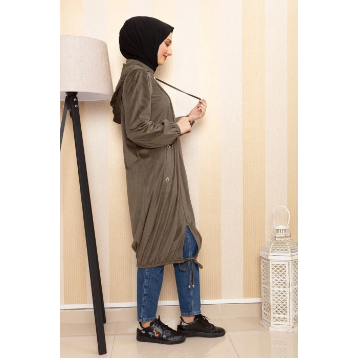 Kapüşonlu Kadife Kap Haki Yeşili