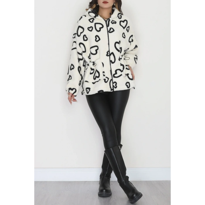 Kapüşonlu Kalpli Peluş Mont Beyaz - 31482.1247.