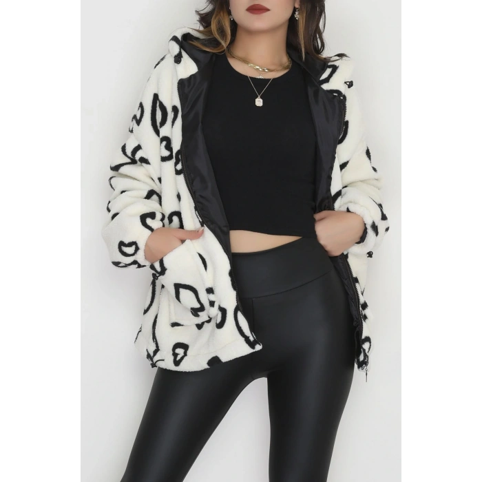Kapüşonlu Kalpli Peluş Mont Beyaz - 31482.1247.