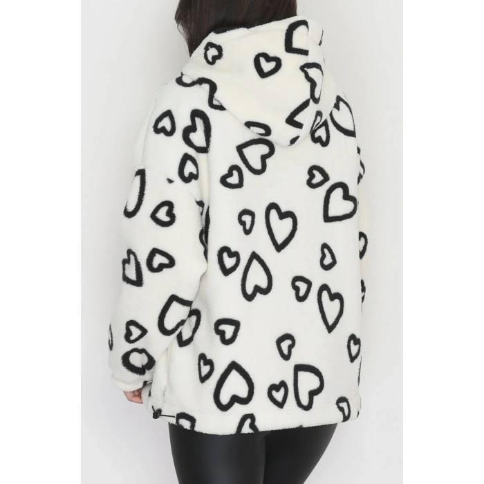 Kapüşonlu Kalpli Peluş Mont Beyaz - 31482.1247.