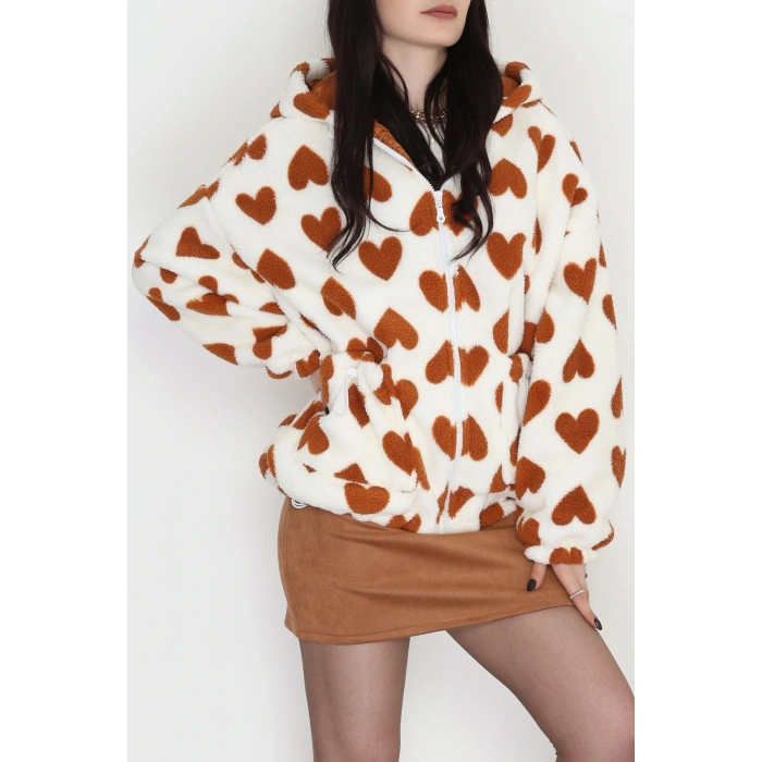 Kapüşonlu Kalpli Peluş Mont Kiremit - 31482.1247.