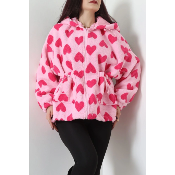 Kapüşonlu Kalpli Peluş Mont Pembe - 31482.1247.